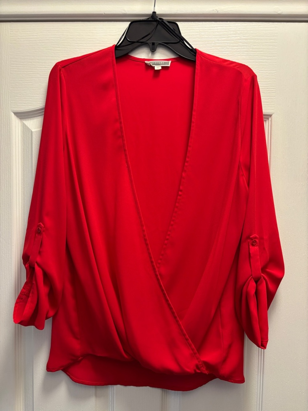 Bright Red Surplice Blouse with Roll-Tab Sleeves